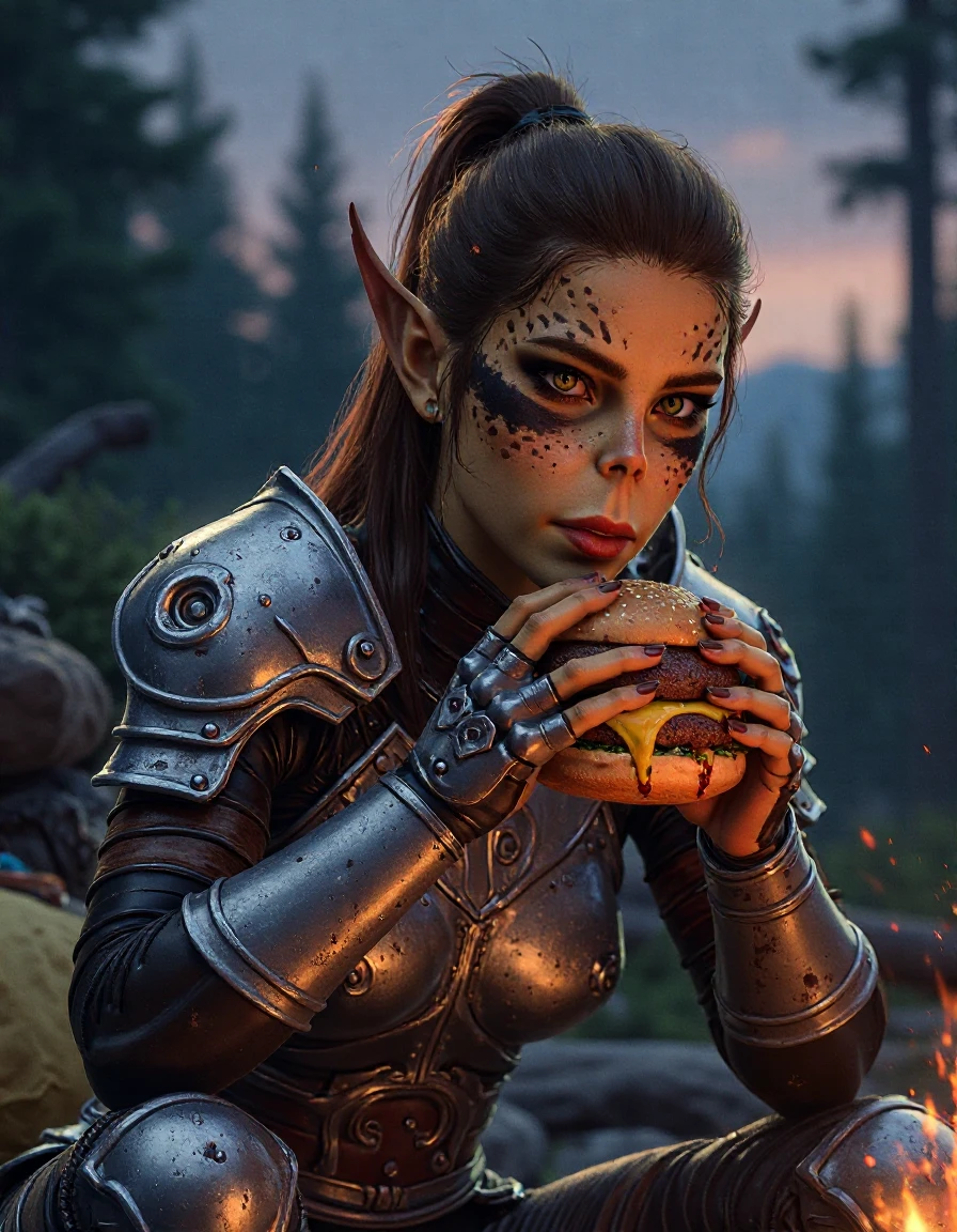 A medium shot of L4ez3l sitting by a campfire, casually eating a large, juicy cheeseburger. Her expression is relaxed yet focused, savoring the meal after a long day of travel or battle. The firelight flickers softly, casting a warm glow across her face and armor, illuminating her as she bites into the burger. Her silver armor is slightly scuffed, with traces of dirt from the journey, though it gleams in the soft campfire light. The burger’s cheese oozes slightly from the edges, and a hint of sauce drips onto her gauntlet, adding a touch of realism to the scene. The atmosphere around her is peaceful, with the darkening sky above and distant trees creating a serene backdrop. The campfire crackles quietly, casting shadows that dance along the surrounding forest. A few scattered items, such as a bedroll and a satchel, lie nearby, suggesting a moment of respite amidst an otherwise harsh world. The soft, natural lighting emphasizes the quiet and comforting mood of the scene, as L4ez3l takes a brief break from her usual warrior persona, enjoying the simple pleasure of a meal.<lora:laezel:1>