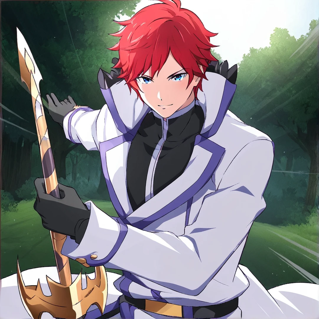 <lora:Reinhard:1>, reinhard, stands at exactly six feet tall, his most striking feature, is his distinct flaming red hair, that shines as brightly, his sparkling blue eyes, portray a sense of confidence and recklessness, his slender frame, features an array of well-toned muscles, he exuded an aura of gallantry, and, at a first glance, he gave off an intimidating air, that indicated him as someone who is above the norm, his extraordinarily handsome face, beyond average looks and his open, calming and approachable personality, makes him very popular with people, which catches the eye of many women, further exemplifying his magnificence, his casual attire consists of, a well-made black shirt, that he also wears as part of his uniform, white trousers with lilac cuffs, black shoes, black gloves, and a double-breasted white long coat, with a cutaway front, rolled cuffs, lapels, and lilac lining, the crest can be seen proudly pictured, on the upper part of his left sleeve, and a black belt, is fastened tightly around his waist, with it, he fastens his esteemed dragon sword reid, whenever he has to go out, solo, in a forest