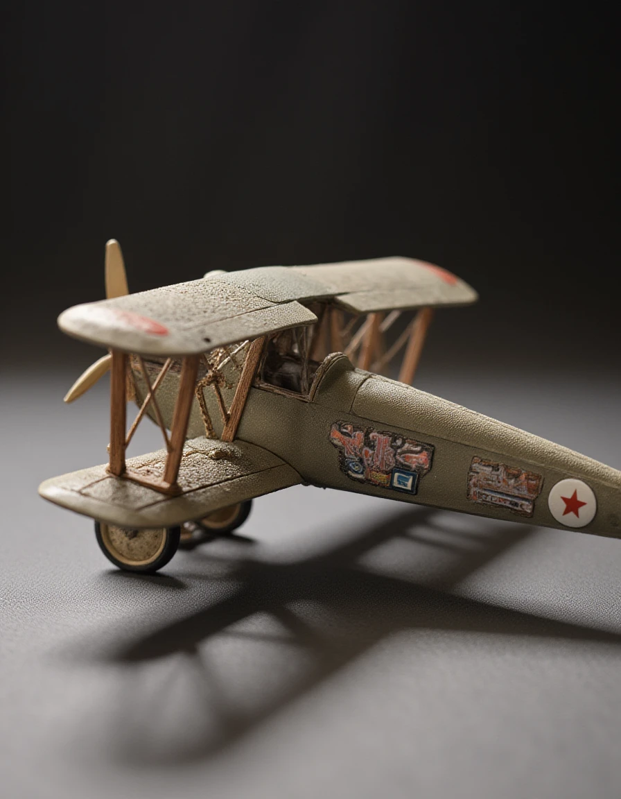 <lora:m1n14tur3_F1D_SGX:1.0>,m1n14tur3 style, a photo of a small model of a model of a world war i biplane,photo realistic,hyperrealism,ornate,studio photograph,bokeh,tilt shift,intricate detail,dramatic,shadows