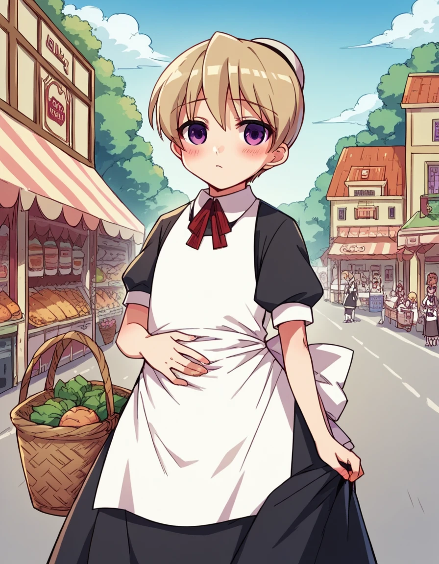 score_9, score_8_up, score_7_up, source_anime, <lora:kaibutsuoujo-flandre-s1-ponyxl-lora-nochekaiser:1>, flandre, short hair, blonde hair, purple eyes, hair bun,, apron, maid,, farmers market, fresh produce, local vendors, baskets, sunny day, community, , hand on stomach, blush,, looking at viewer, solo,, dutch angle, cowboy shot