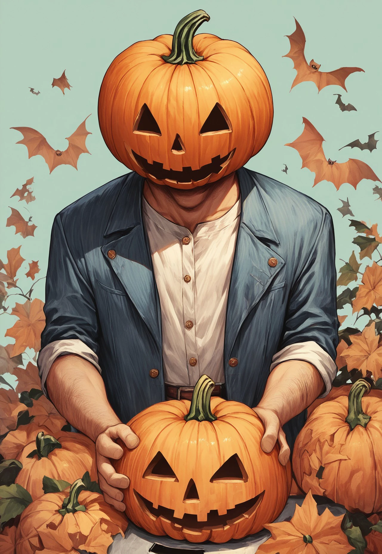 v1nt4g3 h3ll0w33n, A (vintage 1960s illustration:1.3) of a (man:1.2) joyfully holding a (pumpkin:1.4), capturing the essence of Halloween, with a whimsical and nostalgic style, inspired by the works of (Norman Rockwell:1.4) and (Joe Madureira:1.3), warm colors, playful atmosphere, detailed expressions, charming background elements, source_anime, score_9, score_8_up, score_7_up, score_6_up, score_5_up, score_5_up, score_4_up