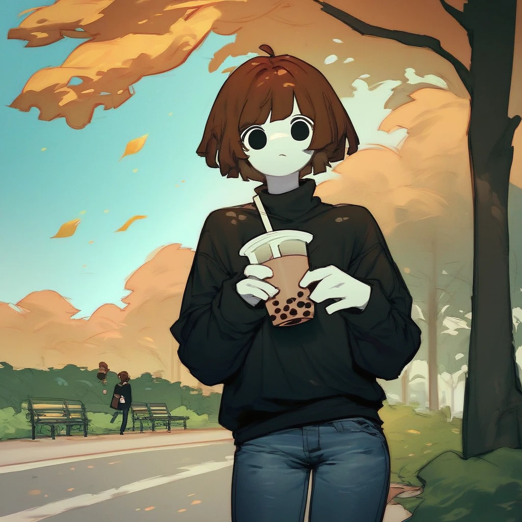 score_9_up, score_8_up, score_7_up, mikus-sona, white skin, black eyes, brown hair, black sweater, jeans, park, holding, bubble tea