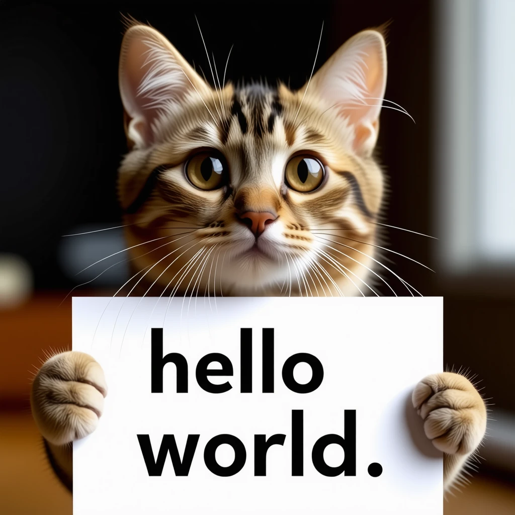 a photo of a cat holding a sign that says hello world