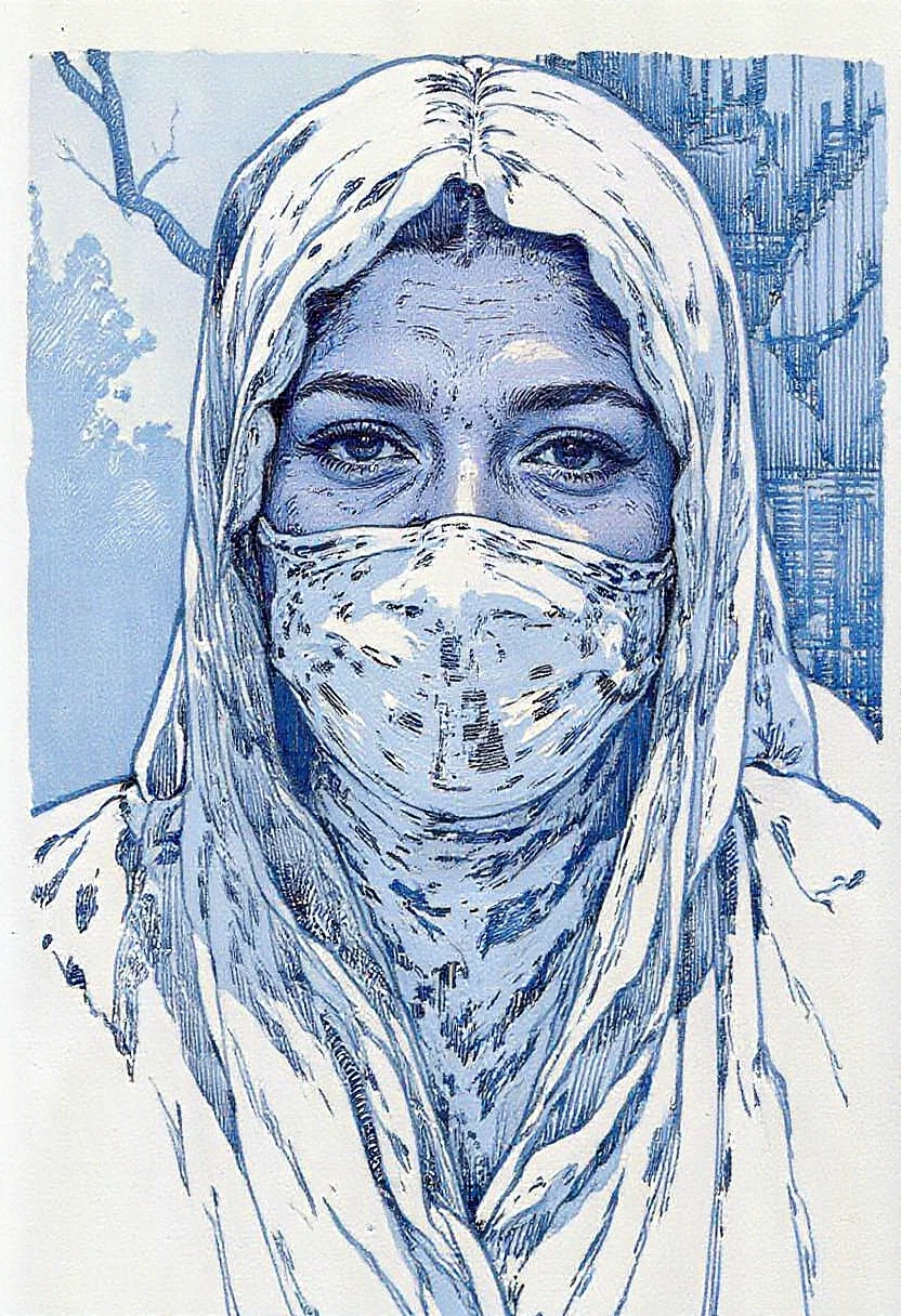 blue pen rendered Illustration of an ancient, cloaked female figure ashchu with piercing eyes, face covered in dust and dirt, her face wrapped in fabric adorned with extremely intricate hieroglyphs, set against an abstract, polygonal blue gradient background. The cloth appears worn and frayed, with strands of cobwebs catching the light, evoking a sense of age and decay. The background’s geometric facets shift from light to dark blue, creating a sense of depth that feels cold and detached, as if the figure exists within a frozen, digital void. Every wrinkle, stitch, and symbol on the fabric is detailed, revealing a story etched into the cloth. The icy blues of the background offer a stark contrast, amplifying the figure’s ancient aura. This composition weaves together themes of antiquity and futurism, drawing the viewer into a world where the past is preserved within a crystalline digital space, full blue pen strokes and rendering on a white paper, fro5tstyle style rendering.