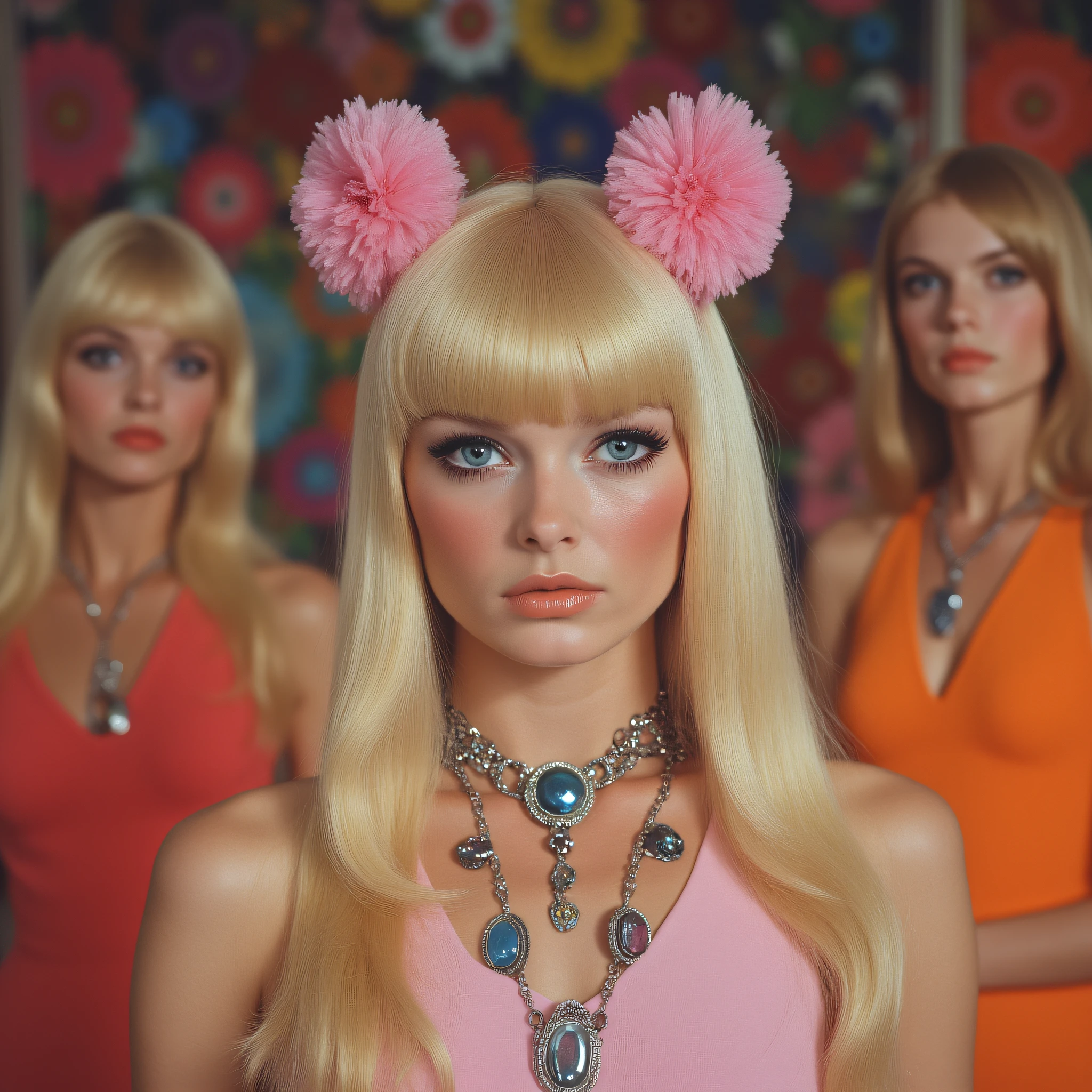 ArsMovieStill, movie still from a 60s psychedelic movie, The image is a close-up portrait of a young woman with long blonde hair and blue eyes. She is wearing a pink dress with a statement necklace that has multiple pendants and charms. Her hair is styled in two pink flower crowns on top of her head. She has a serious expression on her face and is looking directly at the camera. In the background there are two other young women one with blonde hair who are also wearing orange dresses. The background is blurred but it appears to be a colorful and vibrant room with a floral wallpaper., blonde hair, jewelry, blurry, long hair, multiple girls, necklace, flower, lips, hair ornament, bangs