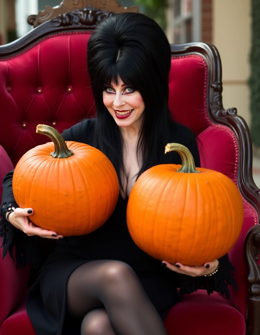 <lora:Elvira_V2_Flux:1.2> high definition photo of  elv!r@, black hair, black dress. On a red velvet coach holding two large pumpkins, big smile.