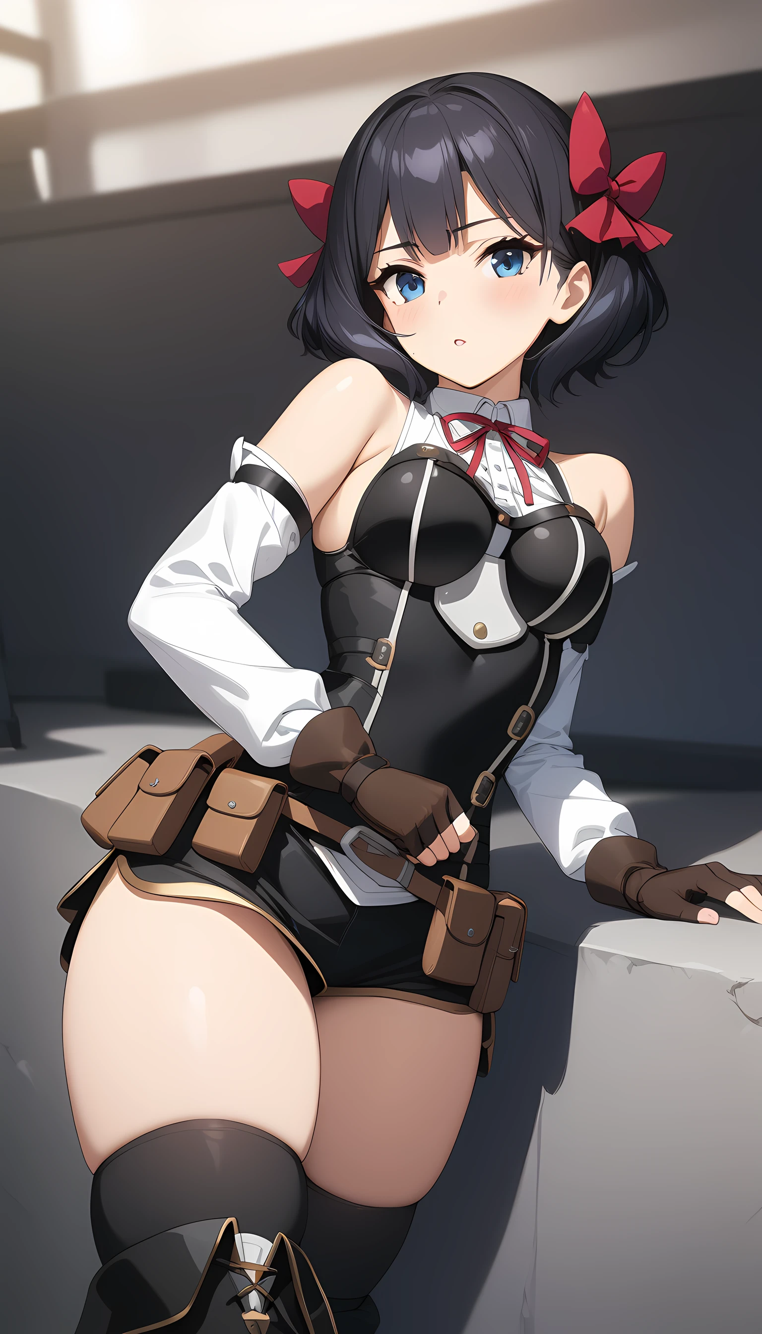 tino_shade, 1girl, short hair, black hair, red ribbon, blue eyes, medium breasts, white shirt, ribbon on neck, black vest, strapped vest, off shoulder, sleeves, brown gloves, fingerless gloves, wide hips, belt, pouch, black thigh high, black thigh boots, <lora:XL-TinoShade:1>, (masterpiece),(best quality),(ultra-detailed),(best illustration),(best shadow),(absurdres),(detailed background),(very aesthetic),