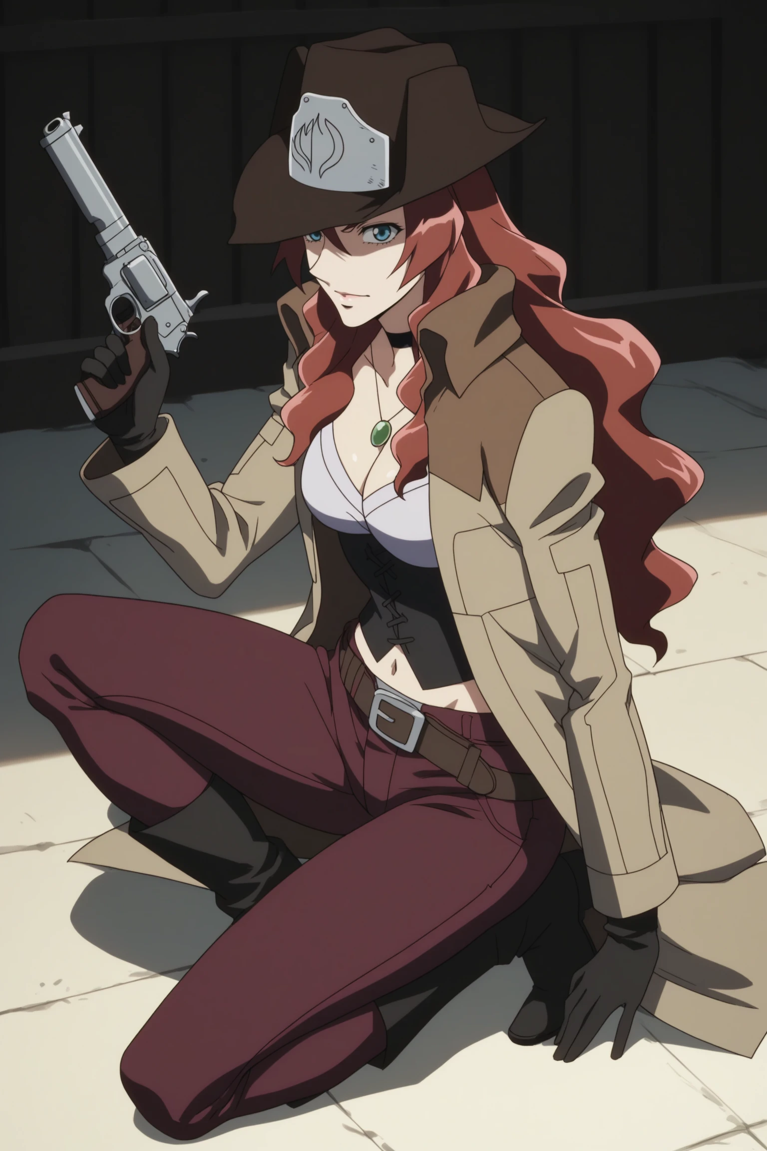 amelia ann mcfly, long hair, red hair, blue eyes, cowboy hat, choker, jewelry, necklace, long coat, trench coat, open coat, brown coat, black gloves, purple-black midriff, corset, navel, belt, holster, purple pants, black footwear, long boots, <lora:Amelia_Ann_McFly:0.8>, score_9, score_8_up, score_7_up, score_6_up, score_5_up, source_anime, rating_safe, medium breasts, outdoors, cowboy western, 1girl, solo, looking at viewer, <lora:age_slider_v4:2>, revolver, holding gun, (full body:1.2), (from side:1.2), (on one knee:1.2), sitting