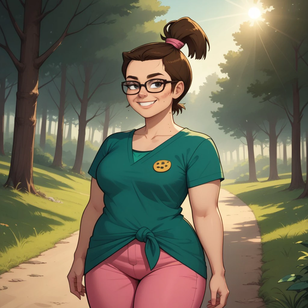 score_9, score_8, BREAK, solo, tied shirt, pink pants, glasses, brown hair, ponytail, mole under mouth, button badges, plump, curvy, sneakers, total drama, Beth_(Total_Drama), cute, breasts, sexy pose, smile, outdoors, sunlight, shadows, evening lighting, natural lighting, forest, trees, grass, orange sky, sunset