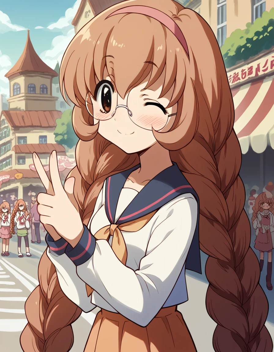 score_9, score_8_up, score_7_up, source_anime, <lora:mimi-usa-s1-ponyxl-lora-nochekaiser:1>, mimi usa, long hair, brown hair, brown eyes, very long hair, braid, hairband, glasses, twin braids,, school uniform, serafuku, long sleeves,, street market, vendor, street food, bustling crowd, local flavor, vibrant, , <lora:double-finger-gun-ponyxl-lora-nochekaiser:1>, double finger gun,, blush, smile, one eye closed, from side, looking at viewer, solo,, dutch angle, cowboy shot