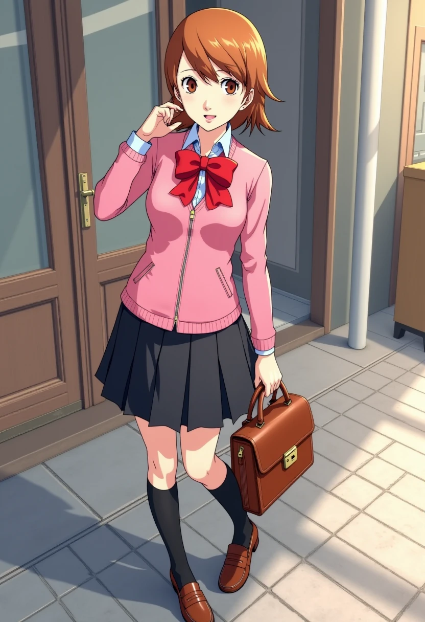 A detailed solo portrait of yukari takeba, 
Anime style, sharp, high contrast and highly detailed.,
<lora:persona_3_yukari_takeba_flux_v1_2-000005:0.9>,
She is wearing a stylish school uniform. Her outfit consists of a fitted, long-sleeved pink cardigan that is zipped up the front, paired with a large red bow around her neck. Beneath the cardigan, she wears a white collared shirt, with the blue collar peeking out. The girl has a black pleated skirt that reaches mid-thigh, along with long black knee-high socks and brown loafers. She holds a brown school bag in her right hand. Her short, light brown hair is neatly styled, with a few strands framing her face, and her expression is cheerful and confident. She strikes a relaxed pose, with her left hand lightly touching her face. The overall appearance is polished, showcasing her youthful and vibrant personality.