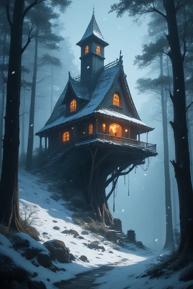 score_9, score_8_up, score_7_up, source_anime, rating_safe, dark, snowing, snow, natural lighting, fantasy-treehouse focus, DaTH, DaTH_architecture, forest, scenery, intricately detailed illustration, atmospheric perspective, depth of field,, blue theme, horror (theme)