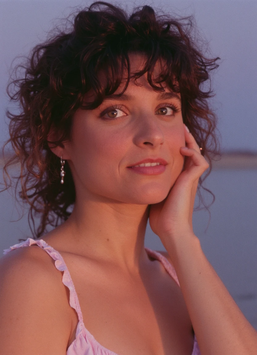 a photo of Elaine. she is looking into the camera with a smile. 
The scene is bathed in a pale, lilac-tinted glow, casting soft shadows with cool undertones that create a tranquil, almost meditative mood. Captured with a high-end medium-format camera, the image is rich in detail and has a smooth, dreamy background blur.