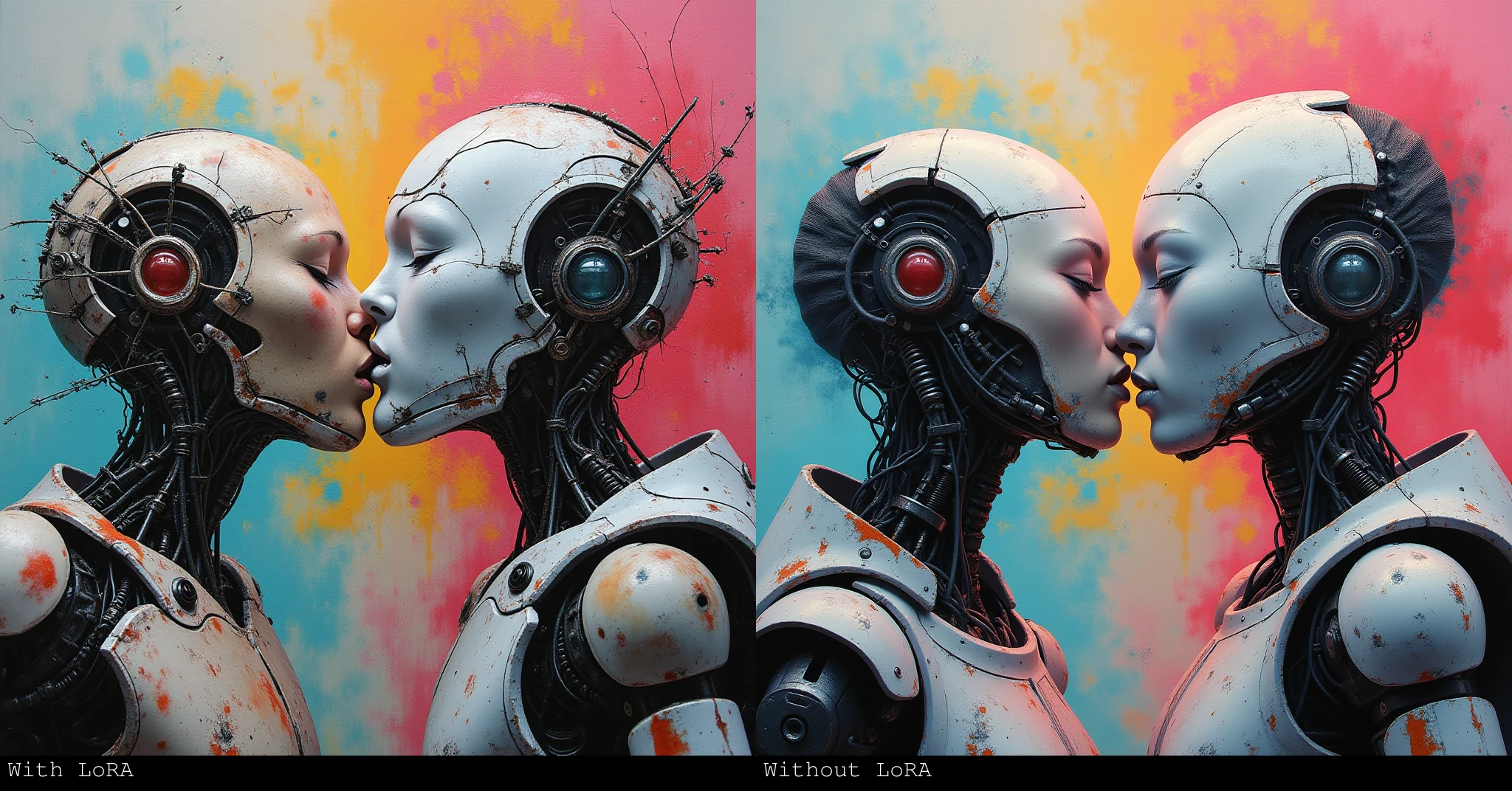 a cyborg and an android kiss,close-up shot,slightly angled view,eye-level perspective,at work,(muted colors,dim colors,soothing tones:1.3),low saturation,(hyperdetailed:1.2),(abstract:1.3),laser lighting,Split-Complementary color palette,masterpiece  joyful  Spray paint art by Vilmos Zsigmond 