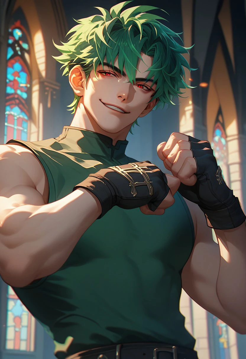 c4ndy,solo, red eyes, church background, male focus, 1boy, looking at viewer, green hair, upper body, short hair, clenched hands, sleeveless, bangs, parted lips, smirk, fingerless gloves, , score_9, score_8_up, score_7_up, score_6_up, score_5_up, score_5_up, score_4_up