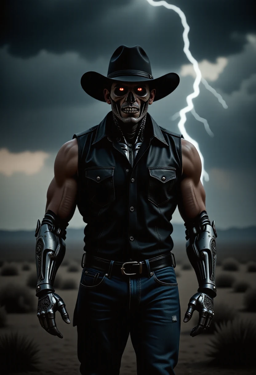 A muscular westernpunk man stands tall, his imposing physique a testament to his unyielding resolve. The lower half of his face is a dark, robotic metallic, resembling a creepy skeleton, while the upper half is a humanistic flesh of a grizzled, masculine man. His eyes glow with a dim, mechanical red light, like embers from a dying fire, as he walks through a desolate landscape. The sky above is a deep, foreboding grey, with dark, ominous clouds that seem to swirl with a life of their own. Lightning slashes across the sky, casting an eerie glow over the scene. A heavy, impenetrable mist obscures most of the background, shrouding the world in mystery. He wears a wide-brimmed, black straw cowboy hat, its edges tattered and worn from countless battles against the elements. A black, sleeveless leather vest is cinched over a black shirt, adorned with intricate, silver-thread embroidery that shimmers in the faint light. Classic Levi's 501 jeans cling to his muscular legs, accentuating the mechanical arms that have become a part of him. The mechanical arms themselves are a testament to his resilience, with intricate designs that resemble tribal tattoos etched into the metal. The menacing, sharp-toothed mouth of his skeletal jaw is a grim reminder of the dangers that lurk in this unforgiving world. The air is heavy with the scent of smoke and ozone, the atmosphere thick with tension. The mood is one of foreboding, a sense of impending doom that seems to hang over the scene like a specter of death.   <lora:flux/aidmaImageUpgrader-FLUX-V0.2:1>, aidmaimageupgrader, realistic, <lora:flux/The beauty of realism (FLUX):1>, realism, chiaroscuro, cinematic quality, rays of light, play of shadow and light,