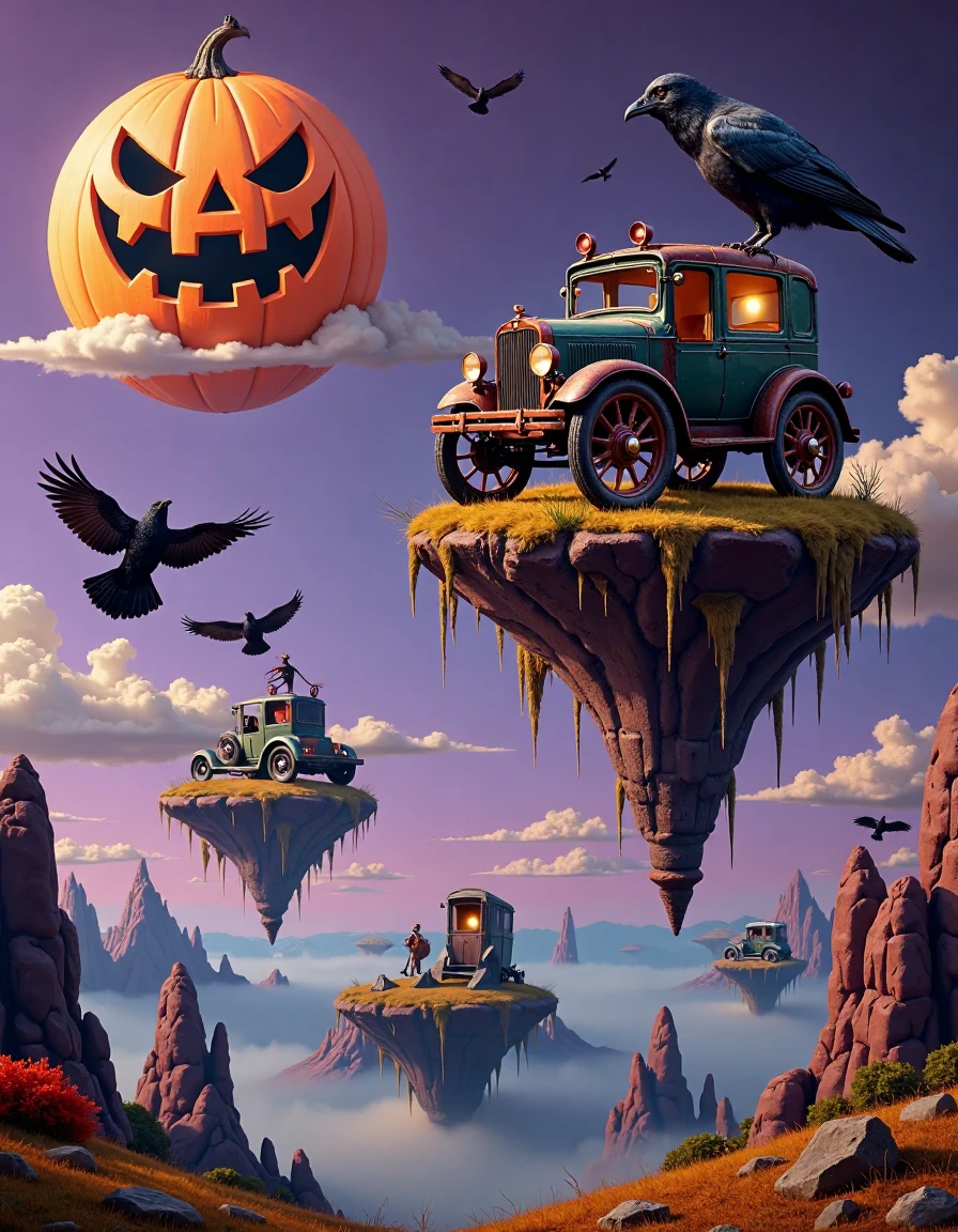 setoscape_style, A masterful surrealist Halloween painting in the distinctive style of Tomasz Setowski, portraying a whimsical, eerie landscape where floating islands drift through misty, moonlit skies. The islands are haunted with surreal mechanical-organic creatures, like crows made of twisted rusted metal, with glowing eyes, and vintage Halloween objects, including a skeletal antique carriage suspended in mid-air with oversized, spiked wheels, defying gravity. The sky above features a large, grinning jack-o'-lantern face, casting an ominous glow over the scene. The composition is rich in dark, jewel-toned purples, deep oranges, and sharp contrasts, with layers of perspective that evoke a sense of unsettling mystery. Soft, painterly strokes bring the ghostly mechanical textures to life, blending precision with haunted imagination in this surreal, Halloween world