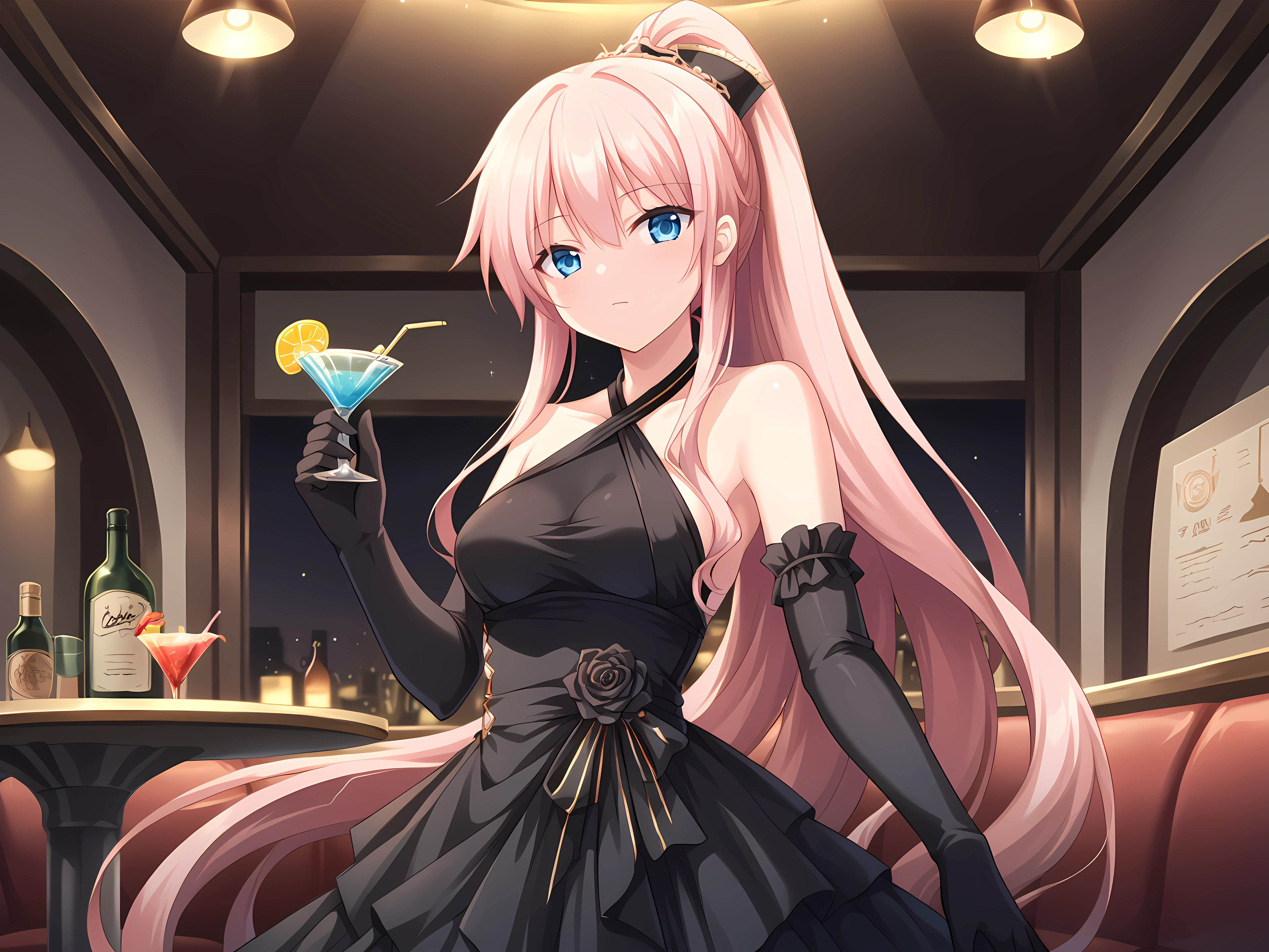 (masterpiece, Very detailed, Exquisite, beautiful, Full HD, High resolution, Absurd), Lilia, A girl with long pink hair, blue eyes, a white dress with black lace, a big pink ribbon on her chest, a white flower hair ornament around her right ear. Drinking a cocktail