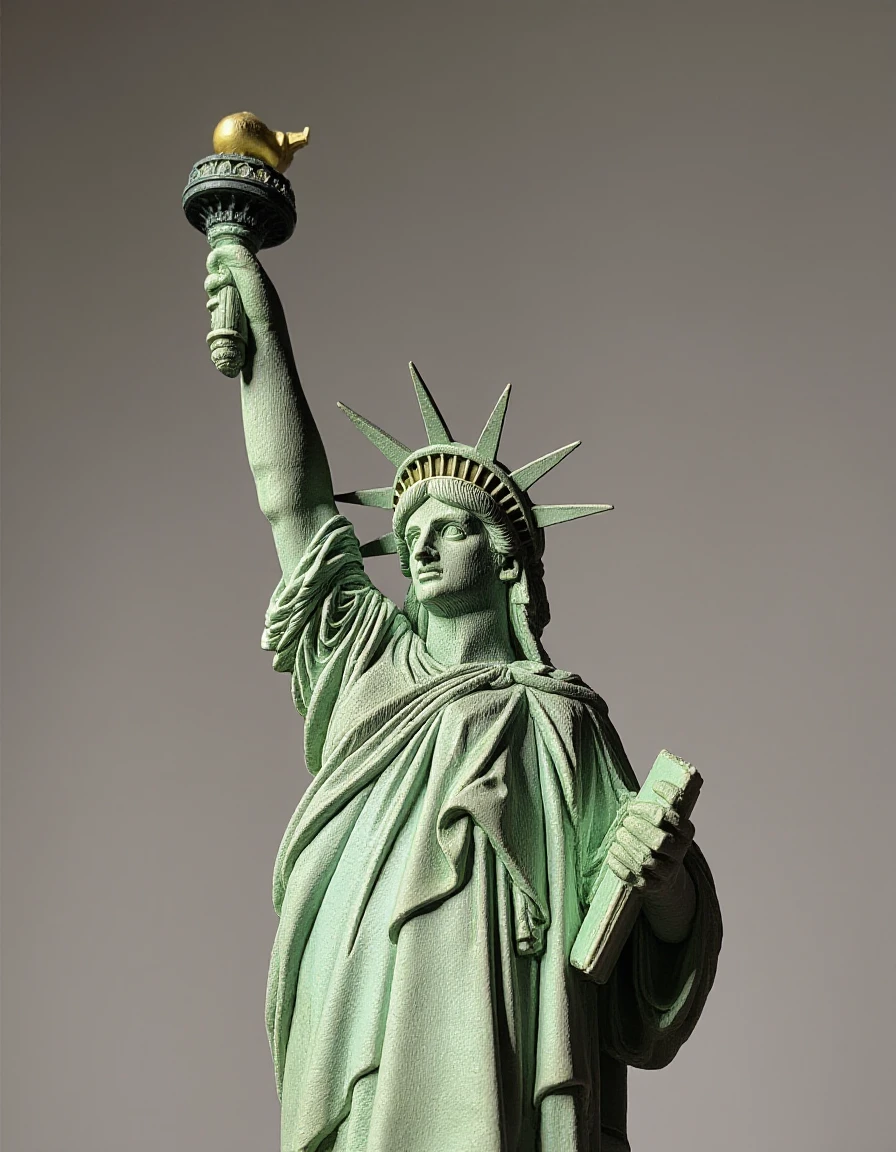 <lora:m1n14tur3_F1D_SGX:1.0>,m1n14tur3 style, a photo of a ceramic sculpture of the (Statue of Liberty:1.3),landscape architecture render,photo realistic,hyperrealism,ornate,studio photograph,bokeh,tilt shift,intricate detail,dramatic,shadows