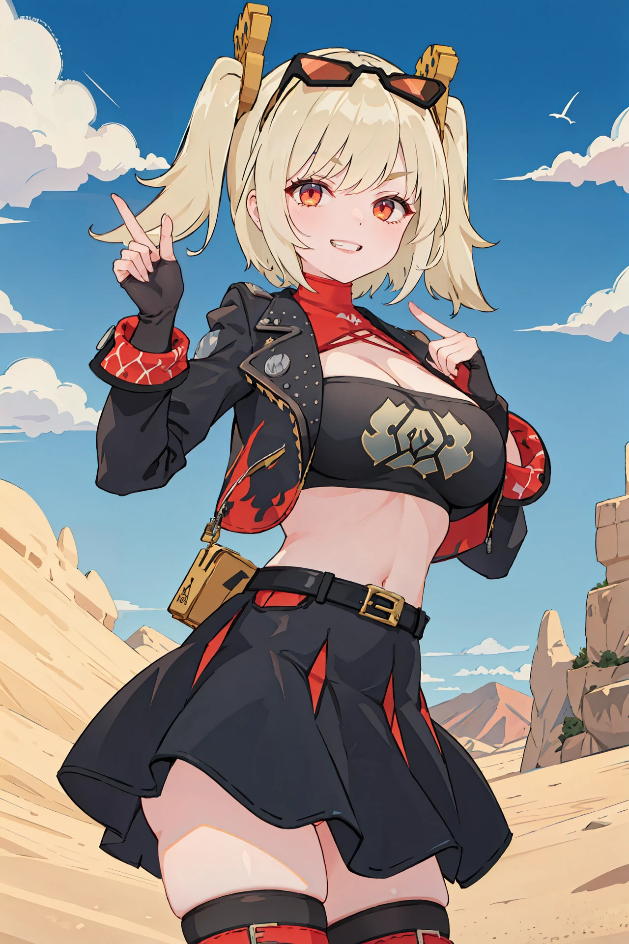 1girl, burnice white, twintails, black skirt, hair ornament, sunglasses on head, latex thighhighs, smile, cropped jacket, fingerless gloves, sleeveless turtleneck, tube top, cowboy shot, standing, grin, v-shaped eyebrows, looking at viewer, hand on hip, outdoors, desert