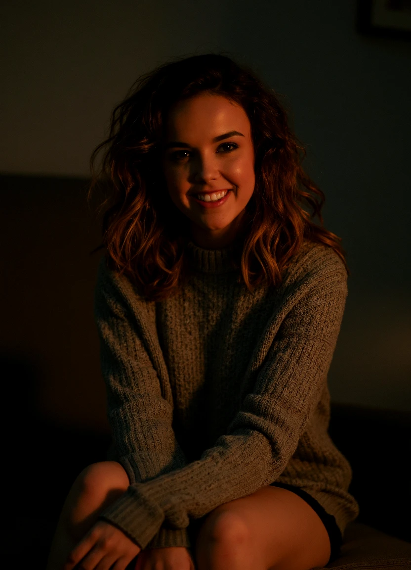 a photo of Dillion. she's looking into the camera with a smile. she's wearing a sweater and shorts. 
Dim, warm tones blend smoothly with soft shadows, creating a relaxed and intimate ambiance throughout the scene.