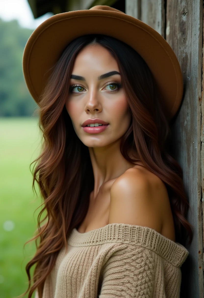 This is a high-resolution, hyper-realistic photograph of a young woman leaning against a weathered wooden wall. The woman, who appears to be in her early twenties, has long, dark brown hair that cascades over her shoulders, slightly damp, suggesting she might have just come from the rain. She has a fair complexion, large, expressive green eyes, and full, slightly parted lips. Her gaze is direct and intense, looking slightly to the right of the camera.

She is wearing a wide-brimmed, tan felt hat that casts a shadow over her forehead and eyes, adding a touch of mystery to her expression. Her outfit consists of a loose, off-the-shoulder, beige knit sweater that reveals her collarbone and part of her shoulders. The texture of the sweater appears soft and slightly rough, adding to the rustic feel of the scene.

The background is blurred but hints at a lush, green outdoor environment, likely a forest or meadow, with soft, natural light filtering through. The wooden wall she leans against is old and weathered, with visible cracks and a rough texture, indicating it might be part of a rustic cabin or shed. The overall mood of the image is serene and introspective, capturing a moment of quiet contemplation in a natural setting. D4HN