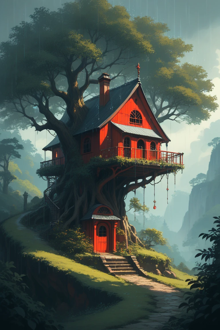 score_9, score_8_up, score_7_up, source_anime, rating_safe, dark, raining, natural lighting, fantasy-treehouse focus, DaTH, DaTH_architecture, treehouse, tree, scenery, intricately detailed illustration, atmospheric perspective, depth of field,, red theme, horror (theme)