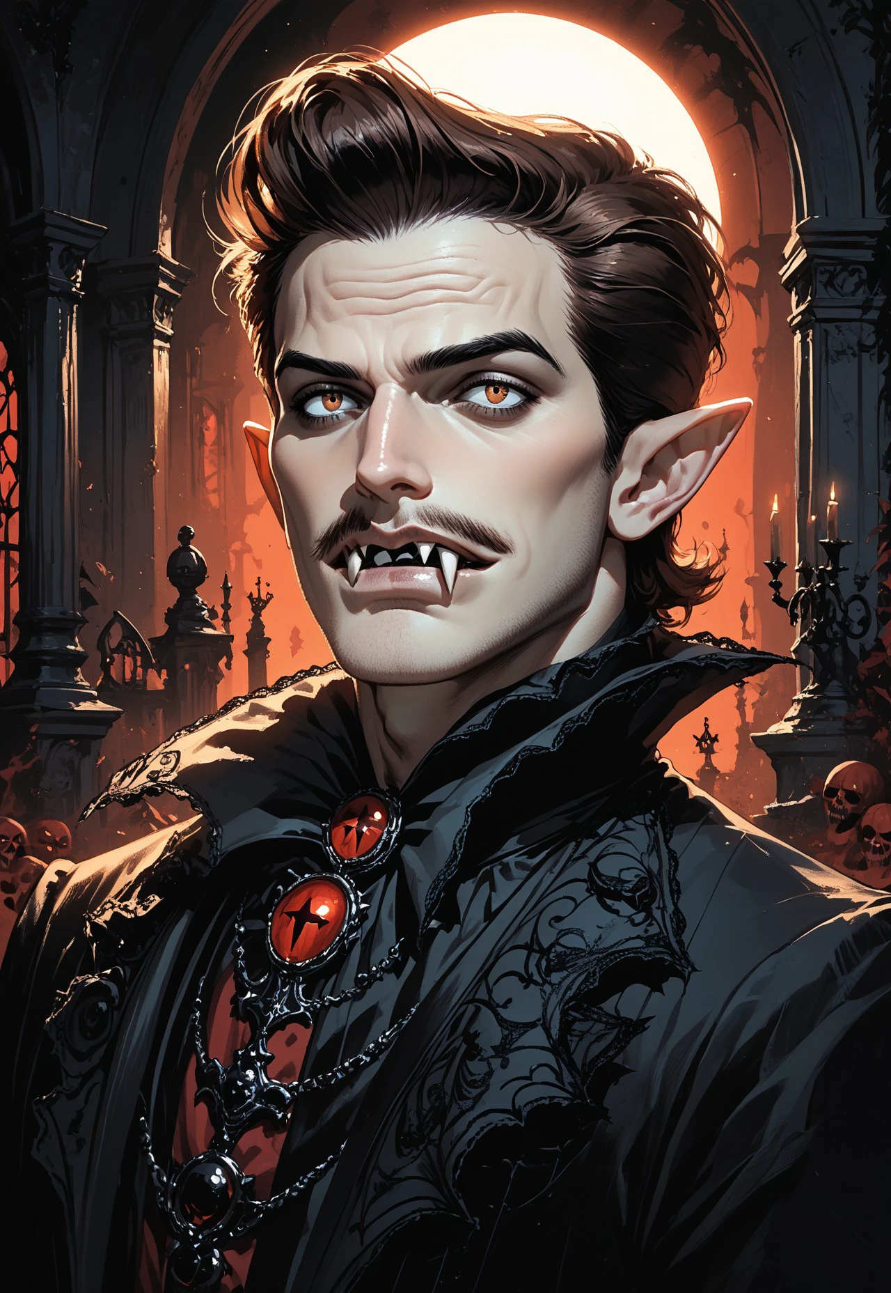 v1nt4g3 h3ll0w33n, A (man dressed as a vampire:1.3) with (pointy ears:1.2) and (detailed fangs:1.4), set against a (gothic cemetery background:1.3), capturing an eerie yet captivating atmosphere, dramatic lighting, intricate costume details, inspired by the styles of (Norman Rockwell:1.4) and (Joe Madureira:1.3), rich colors, hauntingly beautiful, score_9, score_8_up, score_7_up, score_6_up, score_5_up, score_5_up, score_4_up