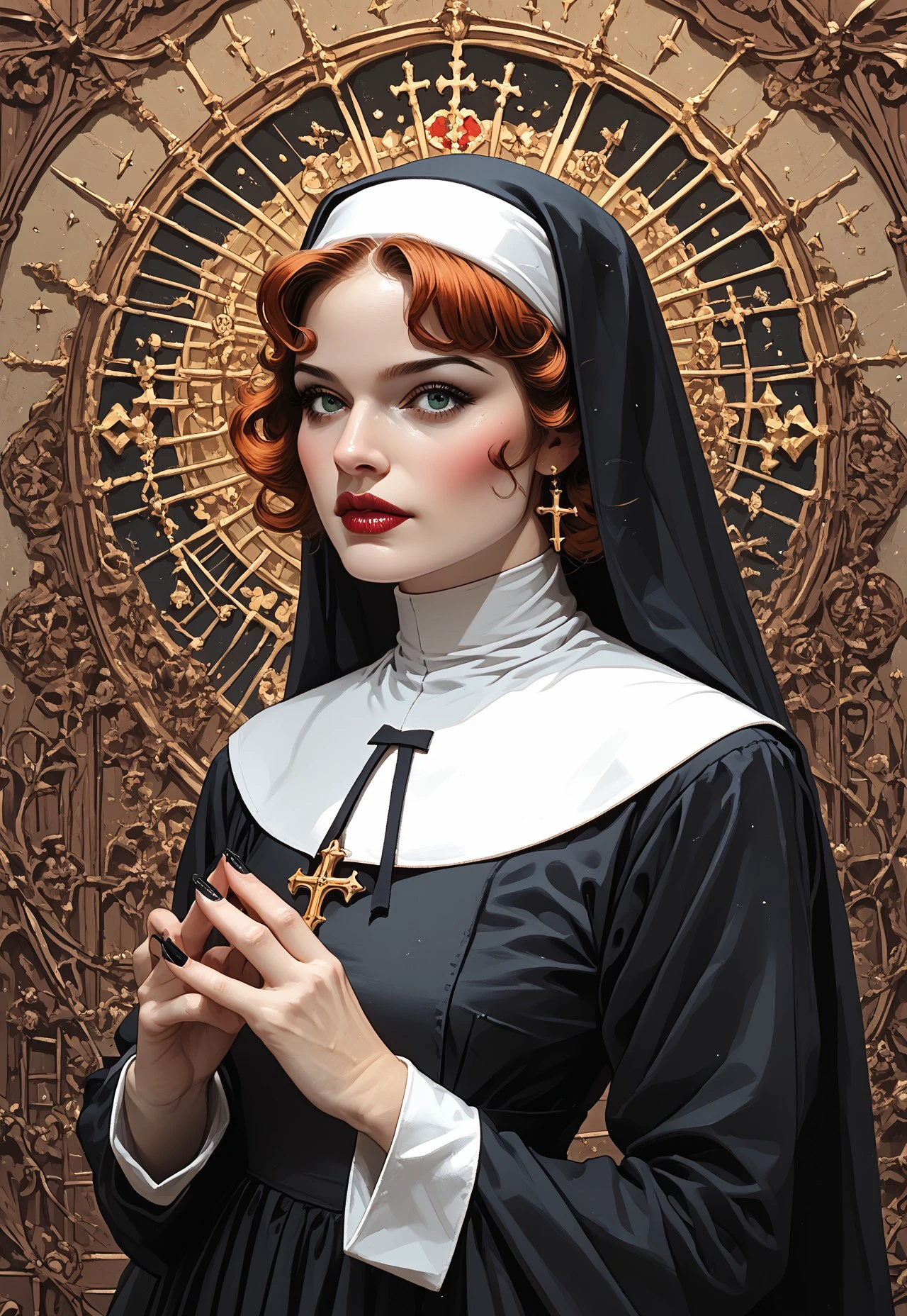 v1nt4g3 h3ll0w33n,  A (witchy demon:1.3) in a (nun's outfit:1.2), exuding charm and mystique, fully clothed, with a playful yet enchanting expression, surrounded by (magical elements:1.4), inspired by the styles of (Norman Rockwell:1.4) and (Joe Madureira:1.3), warm colors, whimsical atmosphere, detailed accessories, captivating background, score_9, score_8_up, score_7_up, score_6_up, score_5_up, score_5_up, score_4_up