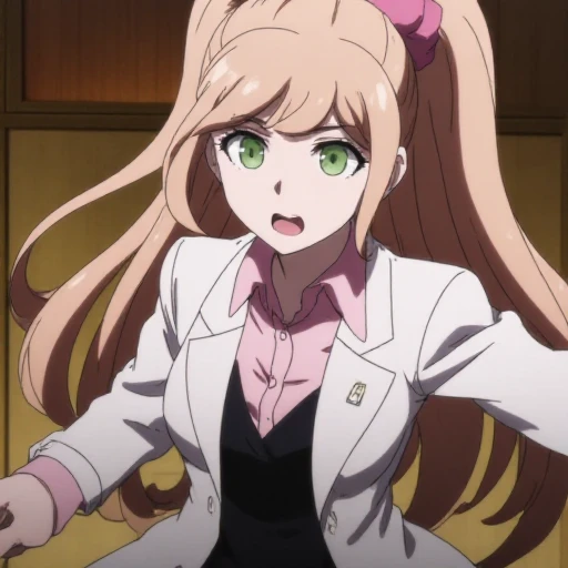 <lora:Mistoon_Anime_Flux:0.7> , anime. , This is an anime screencap from Danganronpa The Animation.  <lora:Chisa_Yukizome_Flux:1>,  The image is a screencap from the anime Danganronpa The Animation. Chisa Yukizome wearing her uniform from Danganronpa 3 future arc. Chisa has green eyes and light brown hair in a ponytail with a pink scrunchie.  She wears a long white coat with a Future Foundation logo pin on its lapel, a light pink dress shirt with an open collar, a black vest, and a black skirt.  Chisa is conducting a Christmas choir rehearsal in the school's music room, her voice filled with passion as she leads the students in singing harmonious renditions of classic carols. The room is adorned with festive decorations, and the air is filled with the beautiful sounds of voices blending together in celebration of the season.