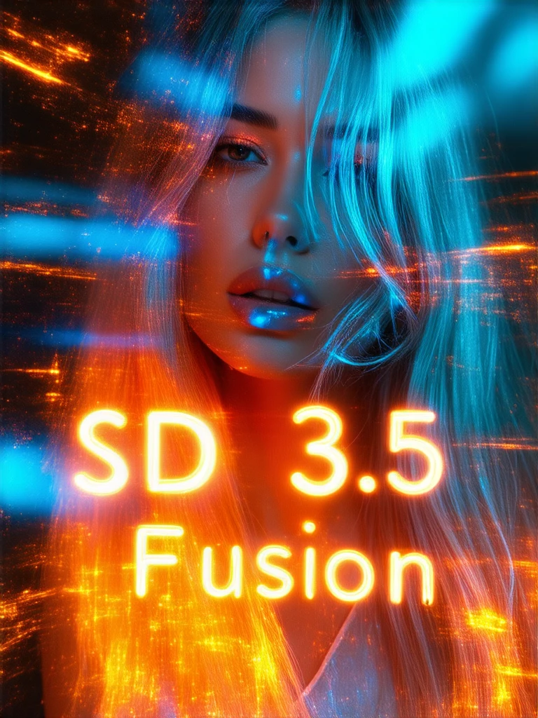 Mesmerizing cinematic portrait of a woman, fused with the "SD3.5 Fusion" logo, her hair styled in sharp, futuristic waves with hints of electric blue and glowing white streaks. The "SD3.5 Fusion" text is front and center, rendered in polished chrome, with holographic light trails swirling around it. The scene explodes with dynamic energy, with motion blurs, light beams, and neon effects creating an overload of visual impact. The woman stands confidently, her eyes sharp and intense, reflecting the glow of futuristic tech elements. Her surroundings are filled with abstract, high-speed light streams and swirling particles, as though she is moving through a fast-paced, futuristic world. The letters appear almost weightless, infused with glowing light and reflecting the chaos of energy that surrounds her. The overall vibe is high-tech, fast, and completely mesmerizing.