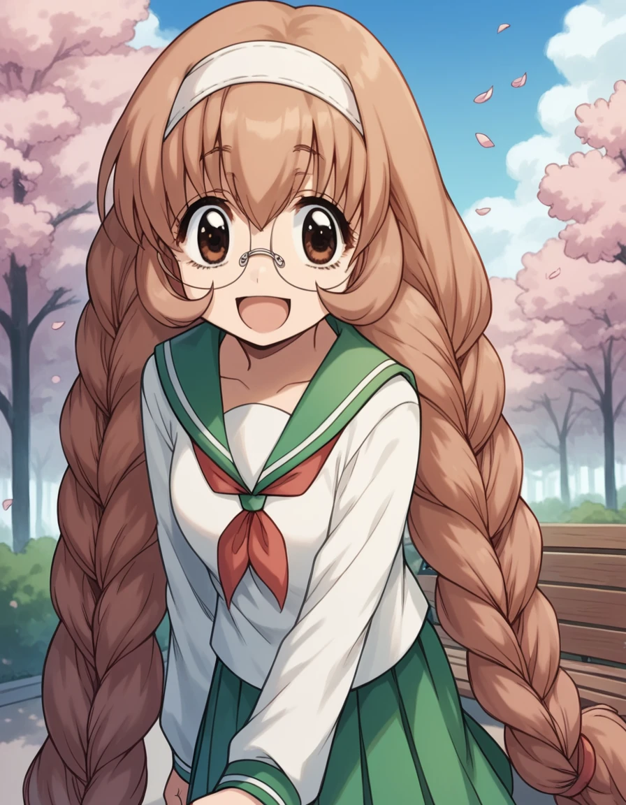 score_9, score_8_up, score_7_up, source_anime, <lora:mimi-usa-s1-ponyxl-lora-nochekaiser:1>, mimi usa, long hair, brown hair, brown eyes, very long hair, braid, hairband, glasses, twin braids,, school uniform, serafuku, long sleeves,, park, cherry blossoms, bench, gentle breeze, peaceful, running, open mouth,, , bent over, smug,, looking at viewer, solo,, dutch angle, cowboy shot