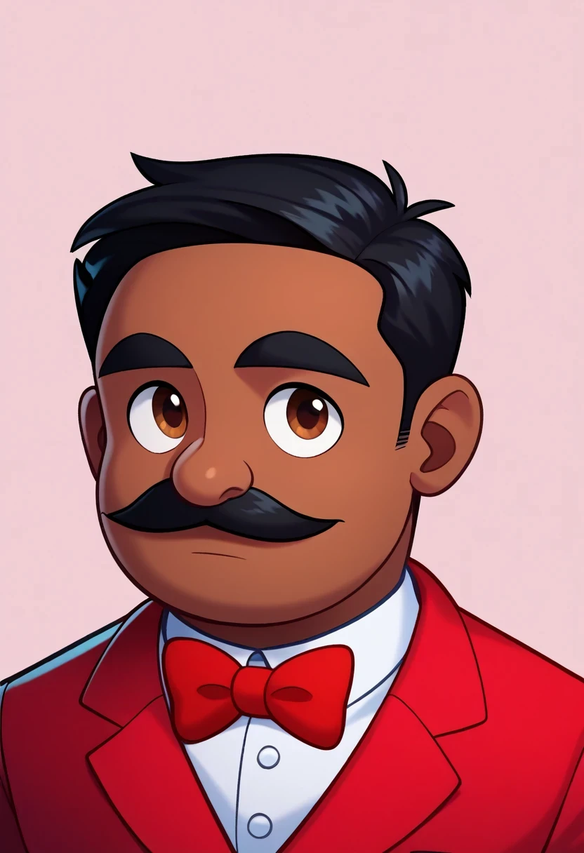 Bitterman_Carlito, solo, short hair, black hair, 1boy, bow, brown eyes, jacket, upper body, male focus,bowtie, red bow, facial hair, thick eyebrows, semi dark-skinned male, formal, suit, red bowtie, mustache, red suit, semi dark skin