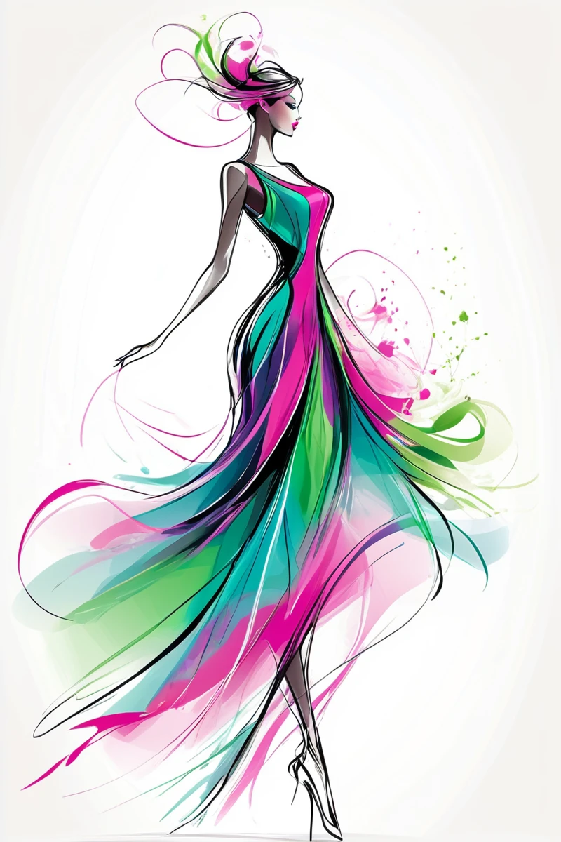 , A digital illustration of an elegant woman in motion, A minimalist fashion illustration of an elegant woman in motion with vibrant colors and fluid lines. The background is white for contrast, creating a sense of movement and elegance. This design is suitable for use across various applications, greens, and purples, highlighting the dynamic pose and stylish attire. Soft lighting creates depth and dimension to showcase movement, rendered as colorful ink splashes on a white background. The colors include vibrant pinks, resulting in a high-resolution, set against a white background. The color palette features shades of blue and green, set against a white background. The colors create dynamic splashes around her figure, standing tall with graceful curves and flowing lines, making it suitable for design projects or promotional materials., adding energy to the composition. Her pose is graceful yet powerful as she moves across the scene. This style reflects movement and fashion elegance, A fashion illustration of an elegant woman in motion
<lora:artfullyWHTFSKETCH:1>, artwhtfsketch,