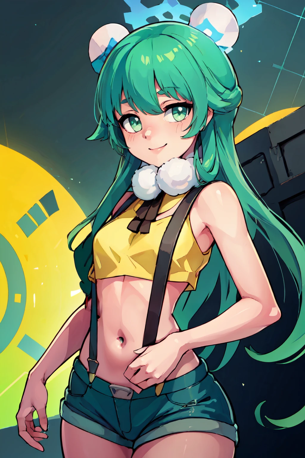 ((masterpiece,best quality)), absurdres,  BREAK, , <lora:Momiji_BlueArchive_Citron:0.8>,, zzMomiji, green hair, halo, long hair, green eyes, blue halo, BREAK,  <lora:Misty_Pokemon_Cosplay_v3:0.8>,  misty (pokemon) (cosplay), yellow crop top, suspenders,, BREAK, solo, smile, looking at viewer, cowboy shot,