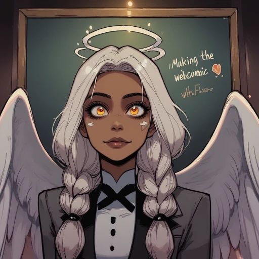 Digital ilustration featuring Gabriella the Goober angel standing in front of the chalkboard, the chalkboard has 2 lines of text written on it first one is "Making the webcomic with Flux", the second line of text wrriten on the other pat of chalkboard is "Part 1 - Gabriella the Goober angel"