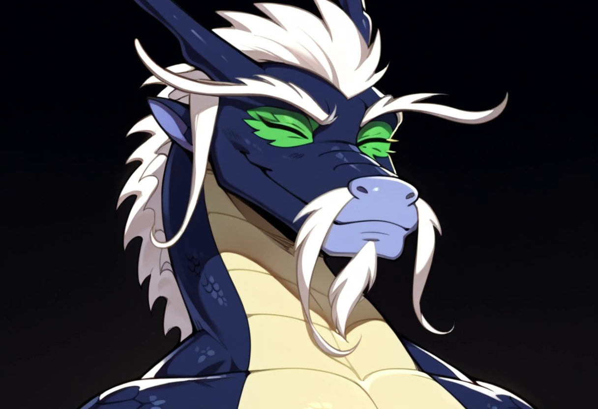 score_9, score_8_up, score_7_up, Expressiveh, masterpiece, best quality, highly detailed, realistic, (zPDXL3), 1boy, solo, (LaoShiDG, furry, anthro, eastern dragon, scalie, horns, white hair, white mustache, white goatee, white eyebrows, blue scales, yellow scales, two tone body, green sclera, black eyes, tail, looking at viewer, black background, simple background, uncensored, closed mouth, smile, ((close-up, face only, eyes closed))