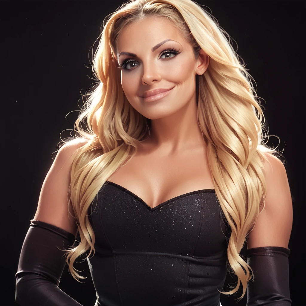 score_9, score_8_up, score_7_up, <lora:Pony_Trish_Stratus:1>,tri$hstratu$, 1girl, solo, blonde hair, long hair, gloves, elbow gloves, dress, looking at viewer, black dress, lips, breasts, closed mouth, realistic, upper body, smile