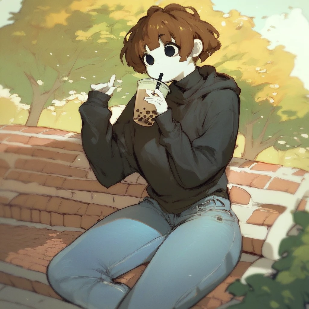 score_9_up, score_8_up, score_7_up, mikus-sona, white skin, black eyes, brown hair, black sweater, jeans, park, holding, bubble tea