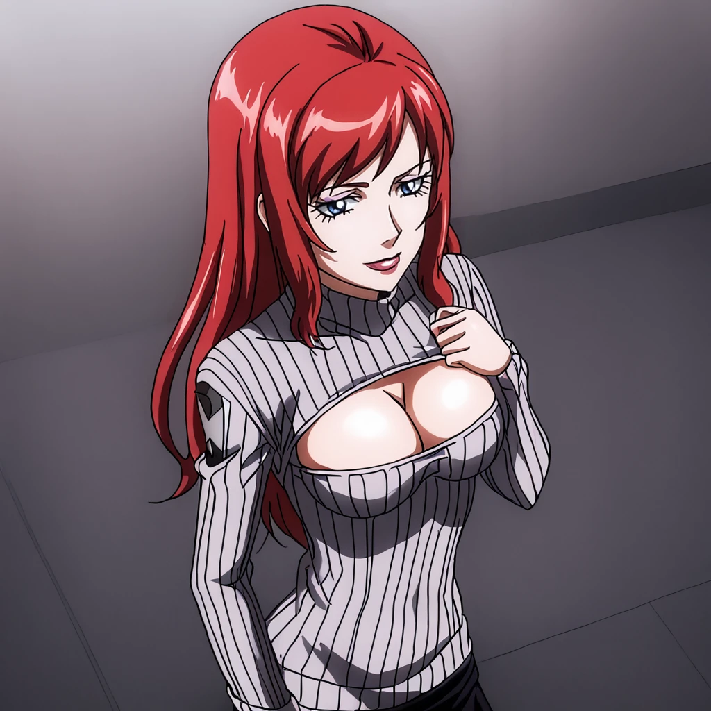 <lora:blackwidowanime_pony_v1:.8>  BlackWidowAnime, 1girl, red hair, long hair, medium breasts,, lipstick,eyeshadow, cowboy shot <lora:open-chest-sweater-ponyxl-lora-nochekaiser:1> open-chest sweater, ribbed sweater, cleavage cutout, meme attire, clothing cutout, turtleneck, sweater dress, cleavage, clothes tug, sweater pull, cleavage reach,