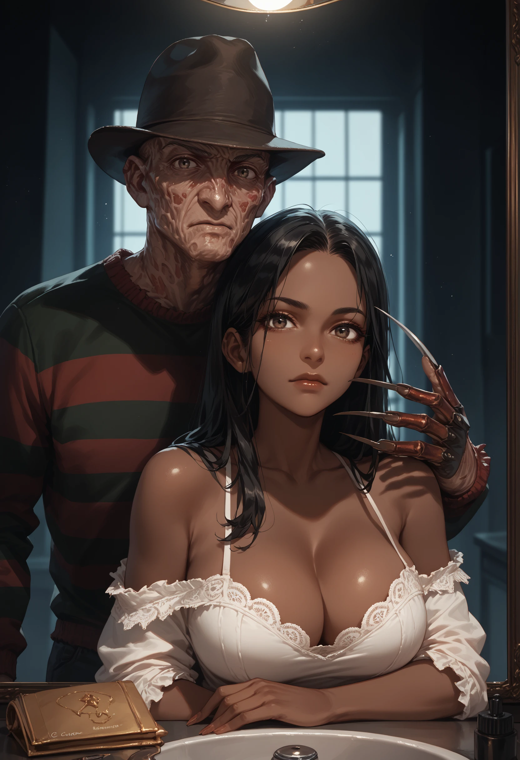 score_9, score_8_up, score_7_up, score_6_up, <lora:freddy_krueger_v0.8-pony:1> 
1girl, black hair, long hair, dark-skinned female, large breasts, cleavage, 
hand on shoulder, 
1boy, monster, looking at mirror, male claw, single claw, dark room, looking at viewer,