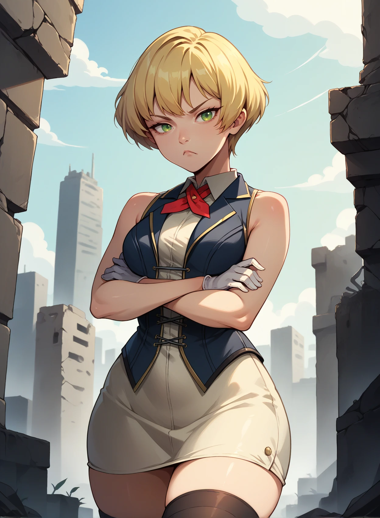 score_9, score_8_up, score_7_up, 1girl, looking at viewer, crossed arms, frown, <lora:FranGE-pdxl:1> franGE, blonde hair, short hair, green eyes, blue vest, collared shirt, red neck ribbon, medium breasts, sleeveless, white gloves, white dress, pencil skirt, wide hips, black thighhighs, city, ruins