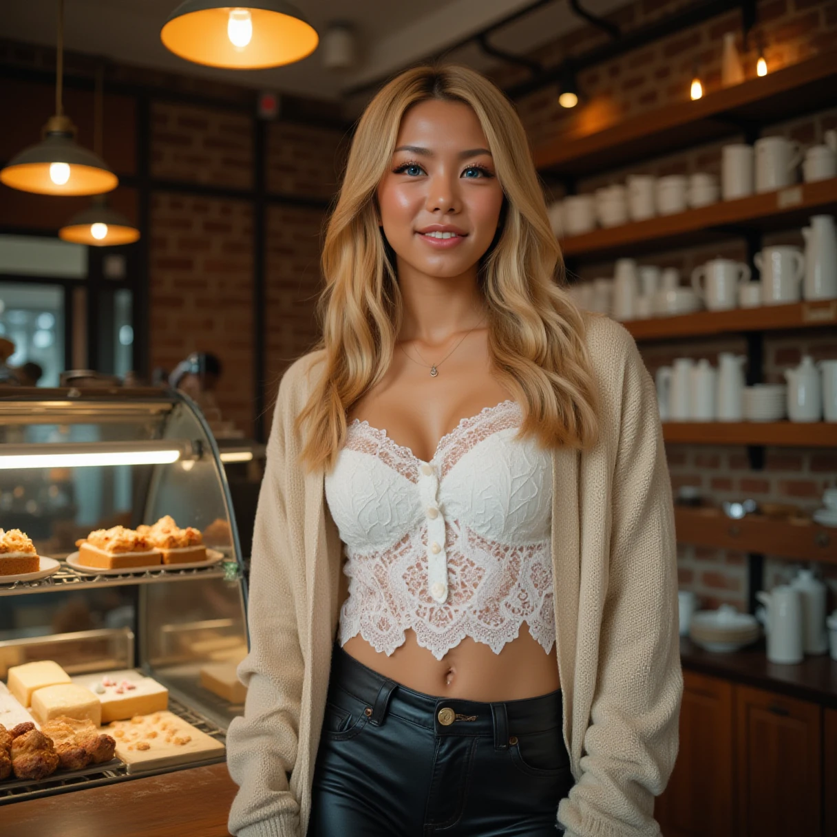 midshot, dynamic angles,photoshoot poses, a beautiful girl standing in a bakery.smiling. She is wearing a beige cardigan over a white lacy shirt and black leather jeans. She has blonde hair. Behind her, there is a counter with a display case filled with pastries and other pastry-related items. The shop has a brick wall and wooden cabinets, and there are several pendant lights hanging from the ceiling.,RAW candid cinema, 16mm, color graded portra 400 film, remarkable color, ultra realistic, textured skin, remarkable detailed pupils, realistic dull skin noise, visible skin detail, skin fuzz, dry skin, shot with cinematic camera, detailed skin texture, (blush:0.2), (goosebumps:0.3), subsurface scattering, beautiful photograph in the style of Augustus John, Sergio Toppi, Virginia Frances Sterrett, 8k HD, detailed skin texture, ultra realistic, textured skin, analog raw photo, cinematic grain, whimsical