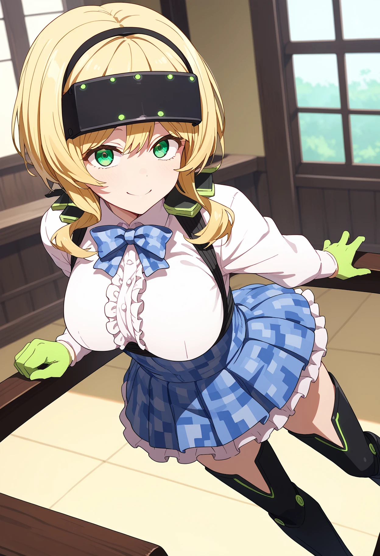 score_9, score_8_up, score_7_up, source_anime,
BREAK
1girl, solo, 
 <lora:shiLyudmilaV1B:1>, 
shistratodef, blonde hair, green eyes, blue bow, long hair, sidelocks, head-mounted display, 
white shirt, large breasts,  long sleeves, 
frills, green gloves, underbust, plaid skirt, high-waist skirt, black thighhighs, virgin killer outfit, boots, 
looking at viewer, smile,