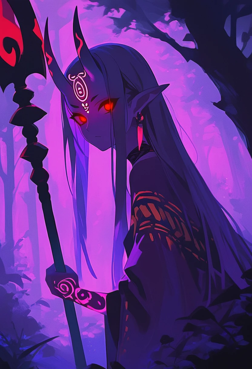 rating_explicit, score_9. score_8_up, score_7_up, nlstn, 1girl, horns, pointy ears, solo, weapon, oni horns, holding, red eyes, looking at viewer, oni, long hair, holding weapon, polearm, glowing, purple theme, glowing eyes, tattoo, nature, forehead mark, facial mark, forest, earrings, jewelry, closed mouth, tree, holding polearm, from side, spear