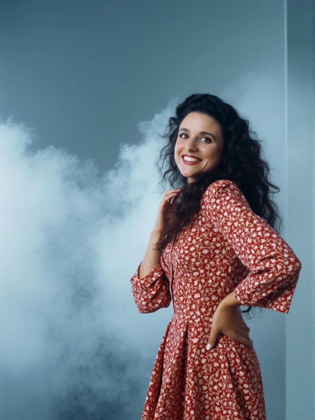 a photo of Elaine. she's wearing a red and white patterned dress. 
Her face shines with eager anticipation, ready to spring into action.
Pale, blue-tinged light creates a soft, fog-like glow across the space, blurring the lines between light and shadow, and adding a serene, ethereal mood.