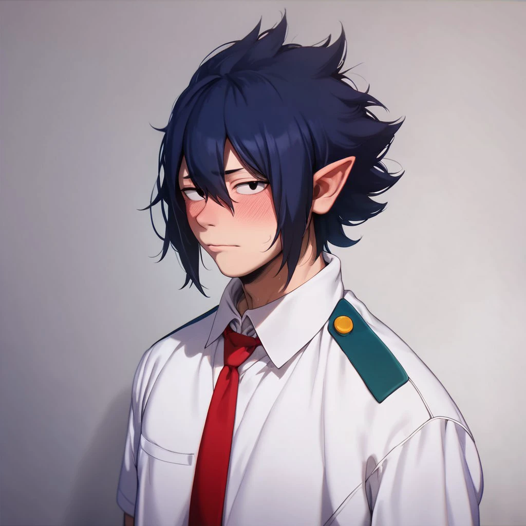 (masterpiece), score_9, score_8_up, score_7_up, score_6_up, score_5_up, score_4_up, 1boy, solo, Tamaki Amajiki, dark blue hair, hair between eyes, black eyes, pointy ears, school uniform, U.A. School Uniform, red necktie, soft blush, looking at viewer