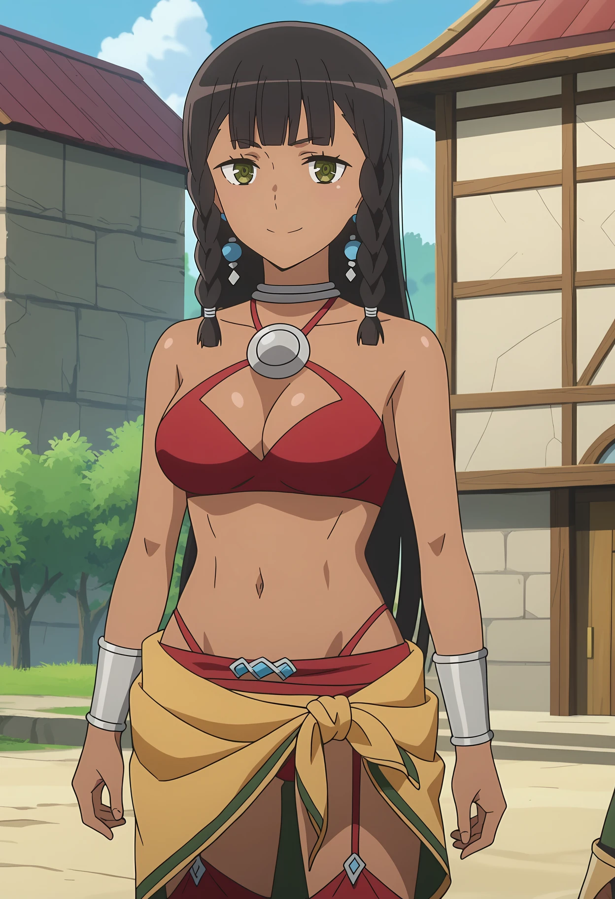 score_7_up, anime screencap,
<lora:DanMachi_TioneHiryuteXL:0.9>, TioneHiryute,
1girl, closed mouth, light smile,
dark skin, long hair, twin braids, black hair, blunt bangs, green eyes, earrings,
neck ring, red bikini, o-ring top, medium breasts, bracer, sarong, garter straps, red thighhighs,
standing, looking at viewer,
outdoors, blue sky