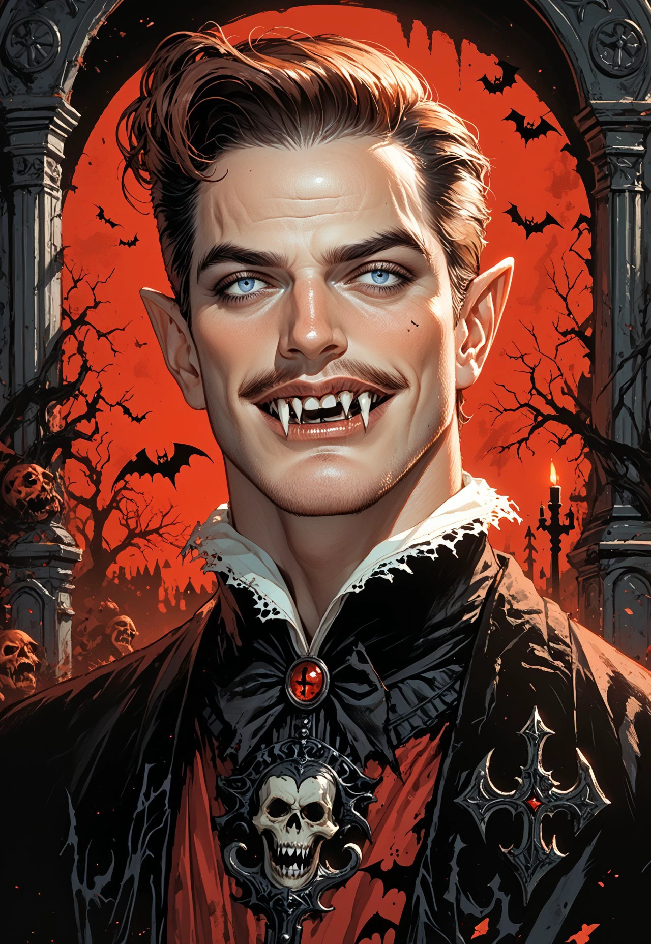 v1nt4g3 h3ll0w33n, A (man dressed as a vampire:1.3) with (pointy ears:1.2) and (detailed fangs:1.4), set against a (gothic cemetery background:1.3), capturing an eerie yet captivating atmosphere, dramatic lighting, intricate costume details, inspired by the styles of (Norman Rockwell:1.4) and (Joe Madureira:1.3), rich colors, hauntingly beautiful, score_9, score_8_up, score_7_up, score_6_up, score_5_up, score_5_up, score_4_up