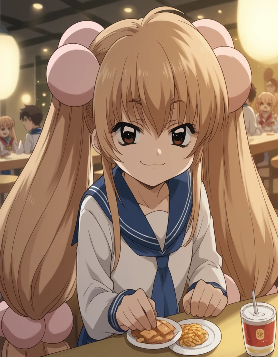 score_9, score_8_up, score_7_up, source_anime, <lora:rin-kokonoe-s1-ponyxl-lora-nochekaiser:1>, rin kokonoe, long hair, brown hair, hair ornament, twintails, brown eyes, very long hair, hair bobbles,, school uniform, serafuku, long sleeves,, restaurant, laughter, good food, warm lighting, celebration, smile, bent over, smug,, looking at viewer, solo,, dutch angle, cowboy shot